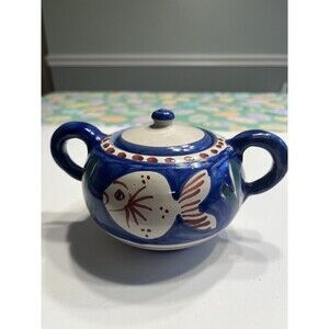 Vietri Solimene FISH 10oz Sugar Bowl w/ Lid Blue Campagna Italy Italian Pottery
